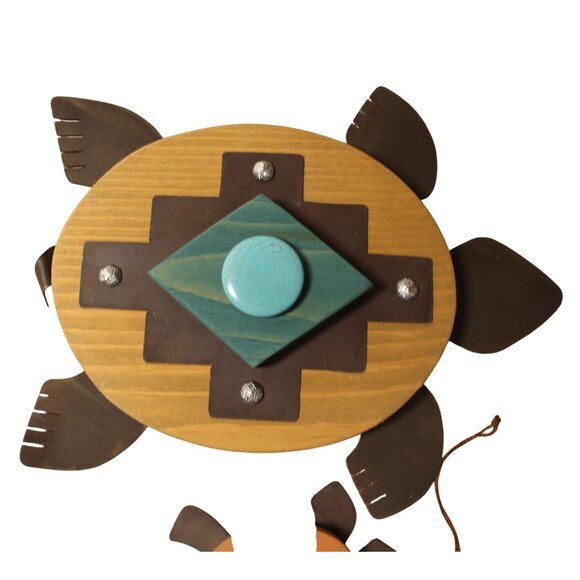 Set Of 2 Handcrafted Wooden & Metal Turtles w/faux Turquoise Accents - Picture 3 of 9